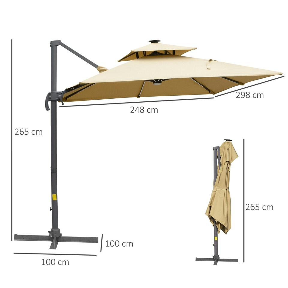 image 1 of Outsunny 3m Cantilever Parasol LED Patio Umbrella for Lawn Beach Poolside Khaki