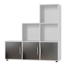 6-Cube Step Shelving Unit With Metal Handle Doors | White | White & Black | 1