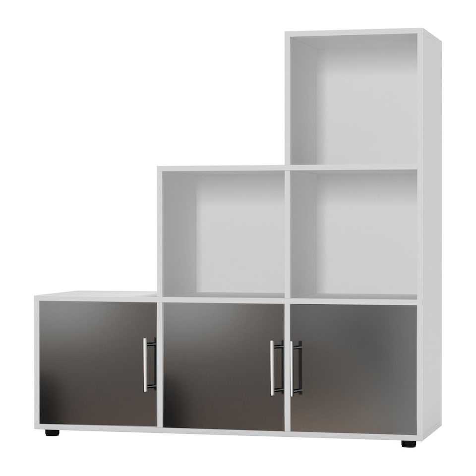 image 1 of 6-Cube Step Shelving Unit With Metal Handle Doors | White | White & Black | 1
