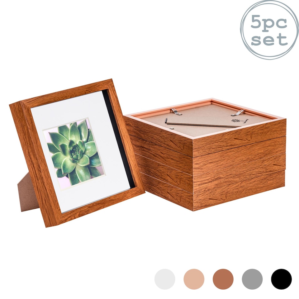 image 1 of Nicola Spring 8 x 8" Photo Frames - Dark Wood/White Mount - 3D Picture Frame Box Portrait Display Case (22.5 x 22.5cm) Set of 5