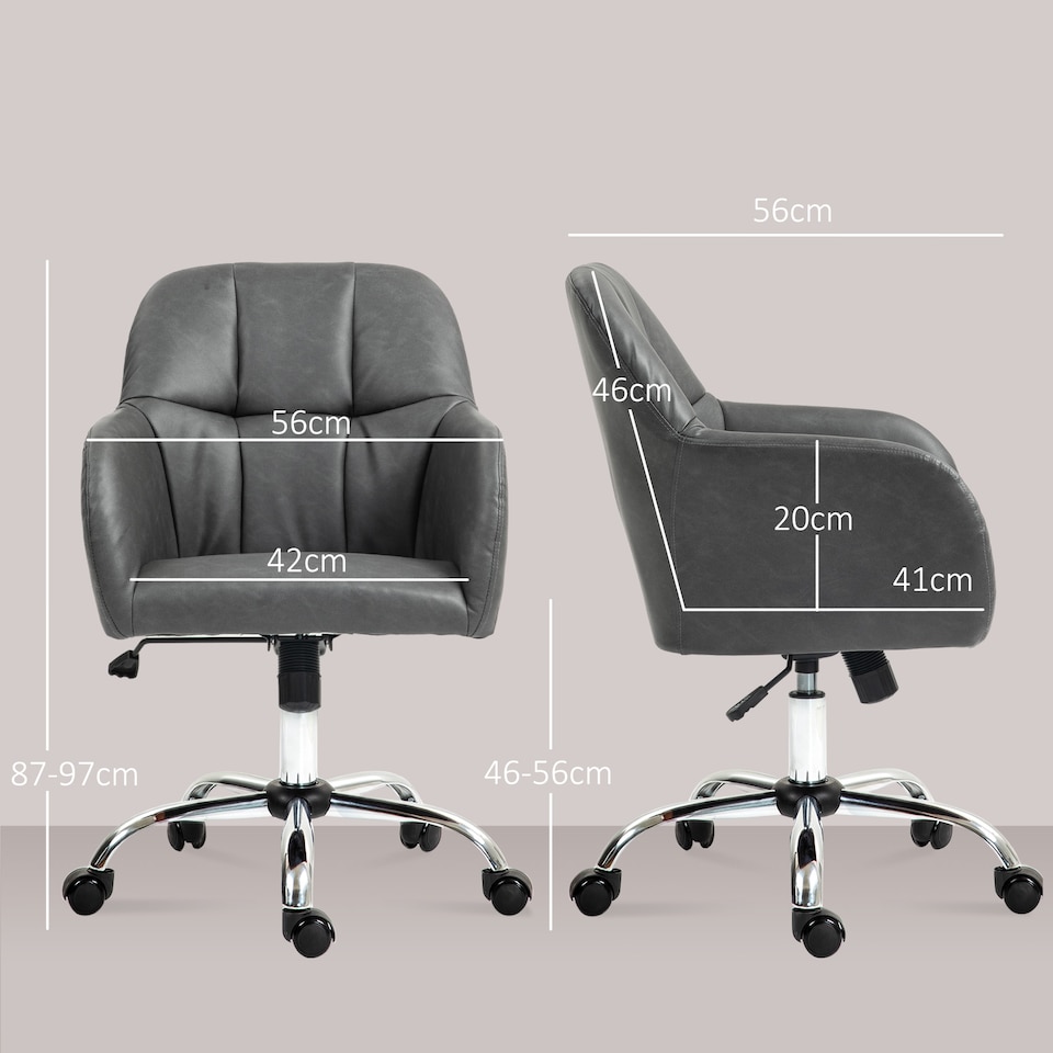 image 1 of HOMCOM Computer Desk Chair, PU Leather Swivel Office Chair, Makeup Vanity Chair with Height Adjustable, Wheels, for Home Study Bedroom, Grey