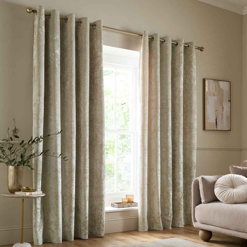 image 1 of Catherine Lansfield Crushed Velvet Lined Eyelet Curtains | Cream | Natural