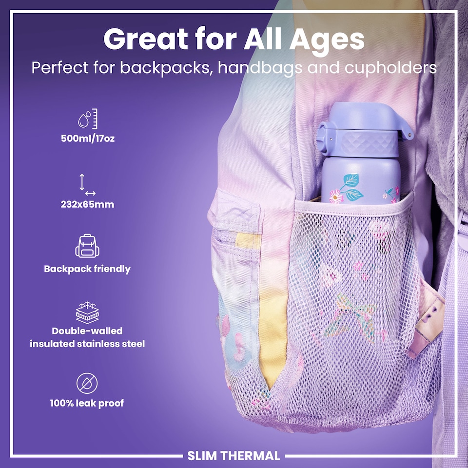image 1 of Leak Proof Slim Water Bottle, Vacuum Insulated, 500ml (17oz) | Purple | Butterflys | One Size