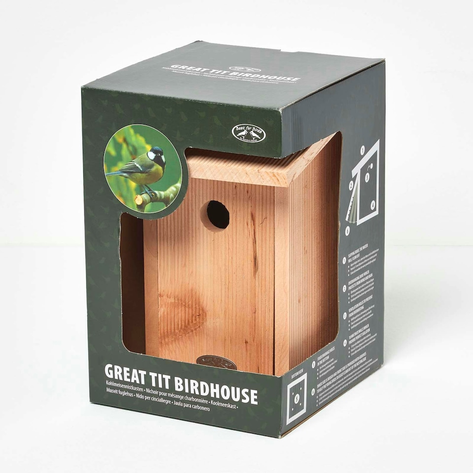 image 1 of Homescapes Real Wood Great Tit Bird Box House Multi
