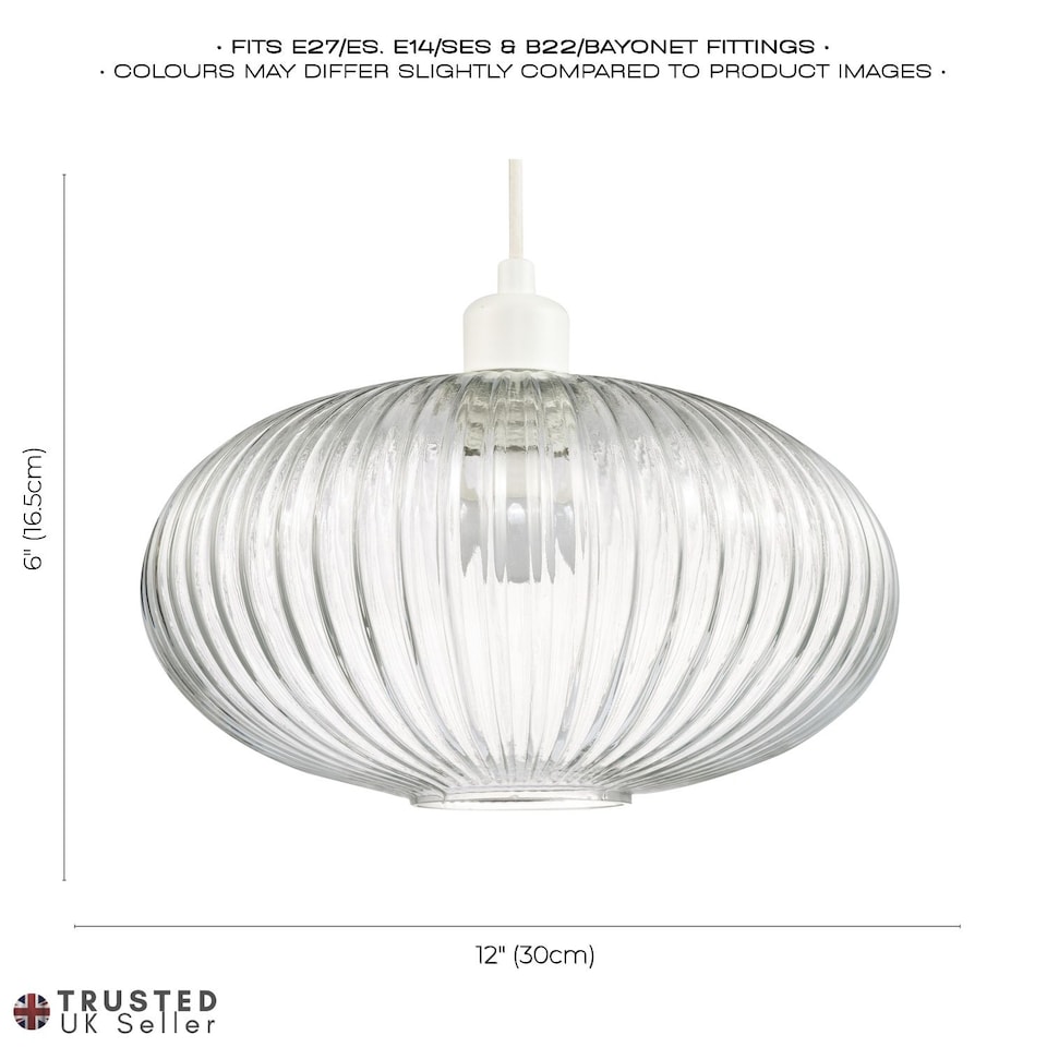 image 1 of Modern Designer Clear Transparent Line Ribbed Glass Oval Pendant Lamp Shade | Clear | Transparent | 1