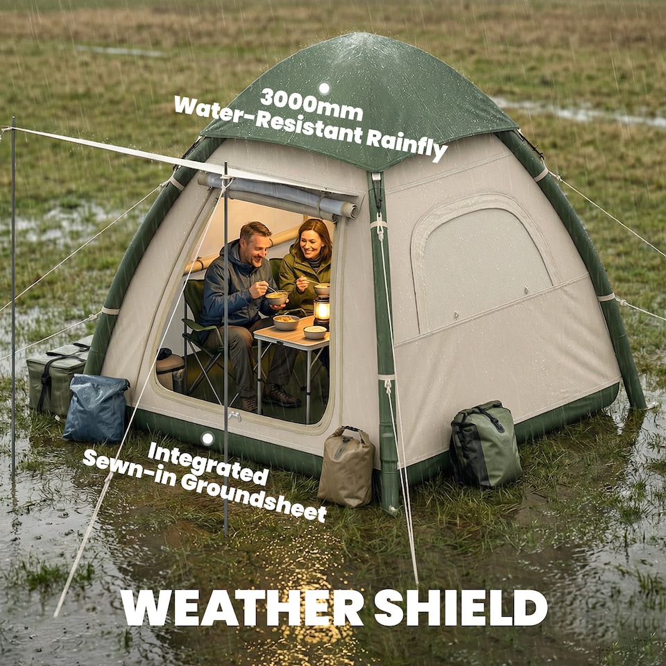 image 1 of Outsunny 3 Man Inflatable Camping Tent w/ 3000mm Waterproof Rainfly | Brown | Beige | 220 x 220 x 200 cm