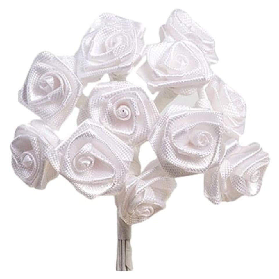 White Fabric Ribbon Roses - 12 Bunches of 12