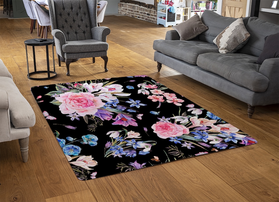 image 1 of Bright Pink Flowers On Black Rug | Multi