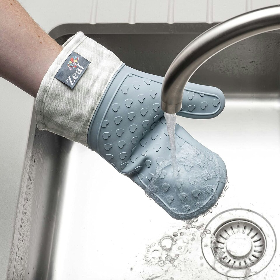 image 1 of Steam Stop™ Silicone Single Oven Glove, Gingham Blue | Duck Egg Blue