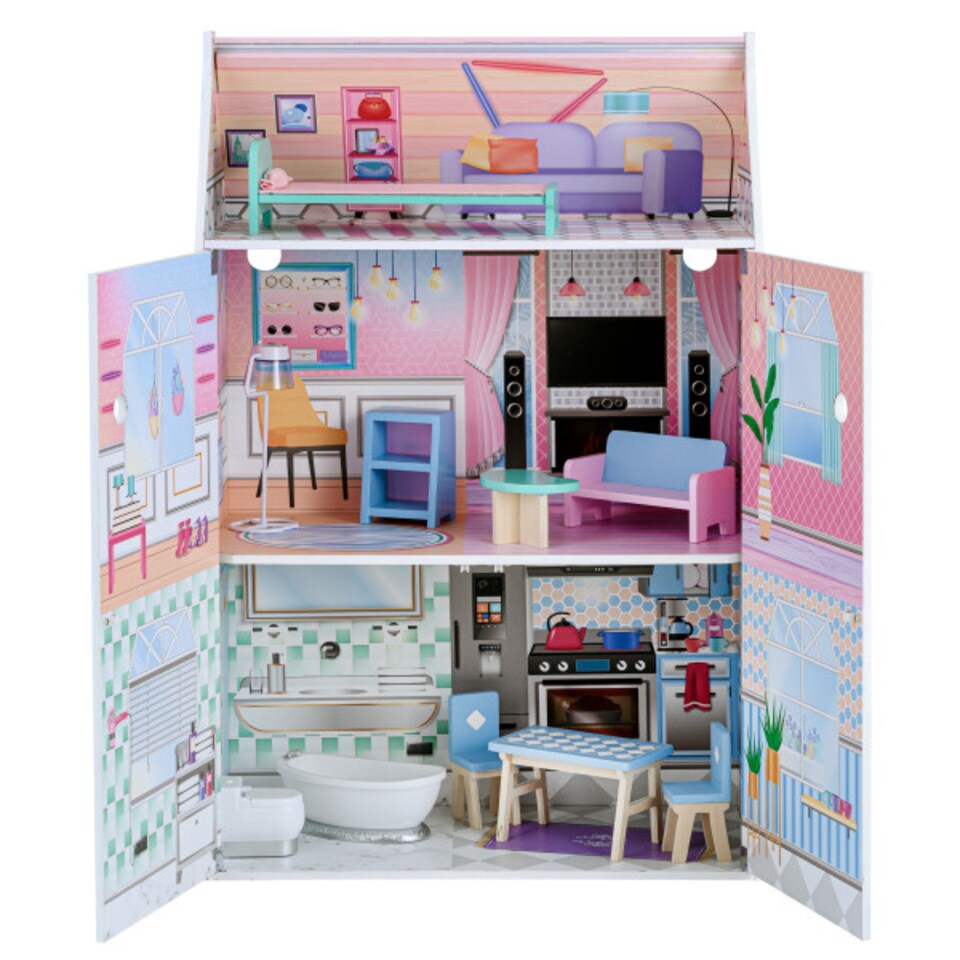 image 1 of Teamson Kids Wooden Glass-Look Doll House for 12" Dolls, Dollhouse