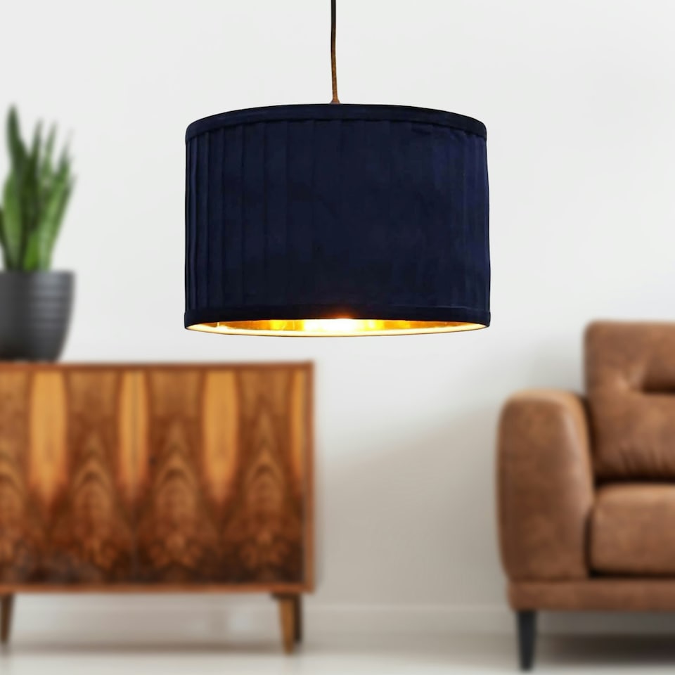 image 1 of Sundance - Navy Blue Velvet Pleated 30cm Lamp Shade with Gold Inner Blue | Gold