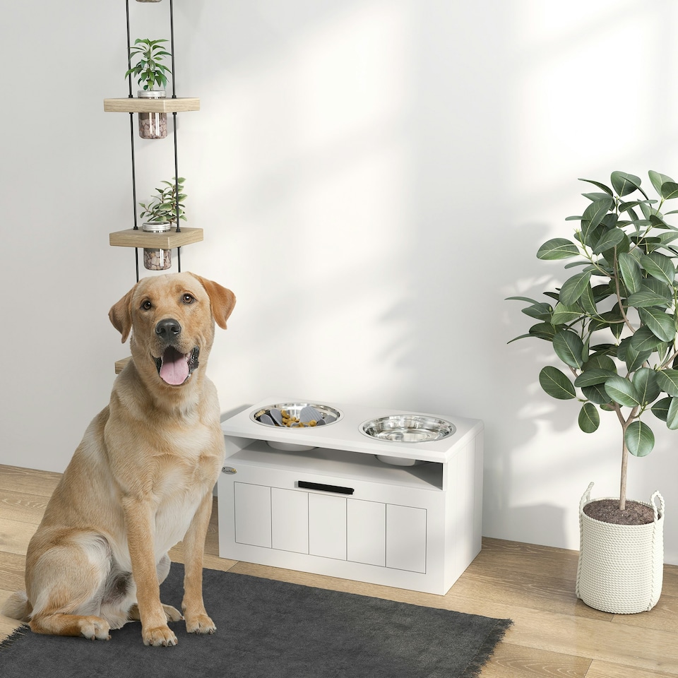 image 1 of PawHut Raised Dog Bowl, Elevated Dog Bowls with Slow Feeder Mat, White