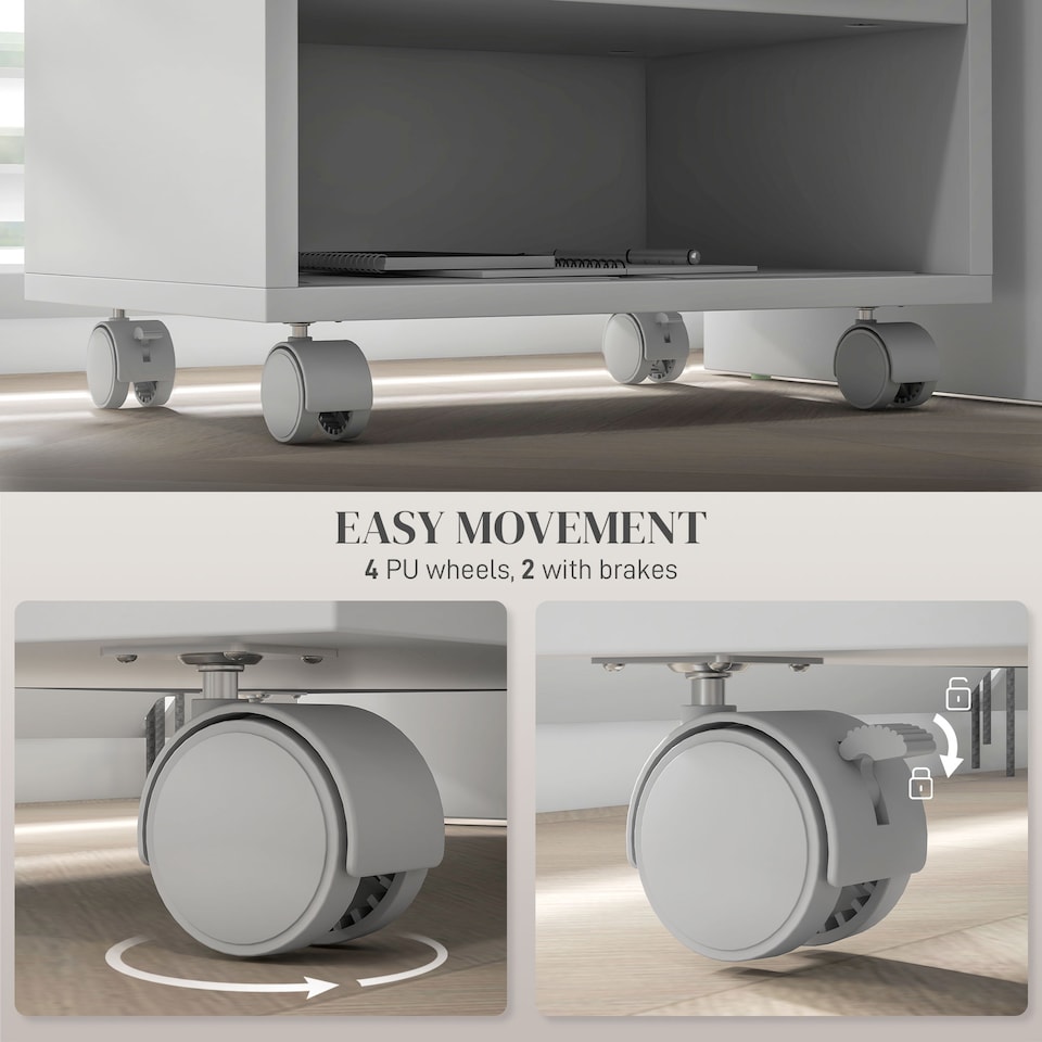 image 1 of HOMCOM 2-Tier Printer Stand with Storage, Under Desk Printer Cart on Wheels with 3 Compartments, Desktop Printer Table for Home Office, White