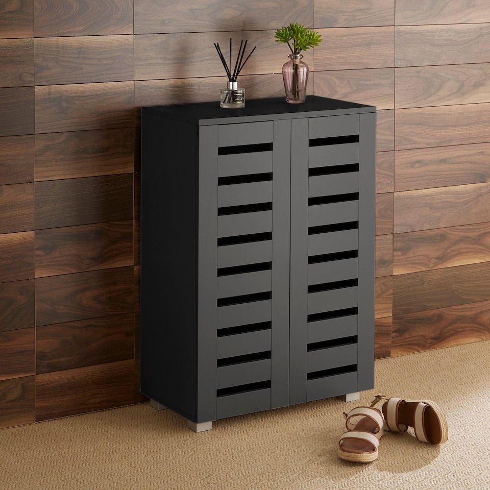 image 1 of Oslo 2 Door Wooden Shoe Storage Cabinet Rack Stand Cupboard Slatted Doors | Black