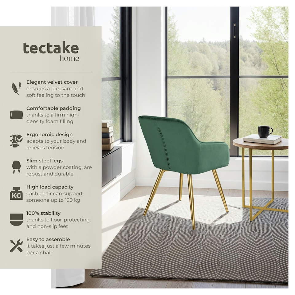 image 1 of Chair Marilyn - with armrests, padded, velvet look, golden steel legs - per piece Green | Dark Green/Gold