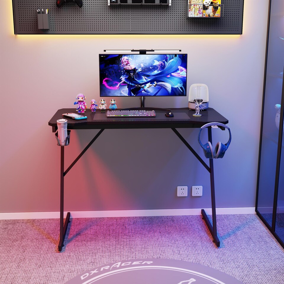 image 1 of House of Home Gaming Desk Carbon Fibre Finish Black 80cm Cup Holder, Headphone Hook | Black