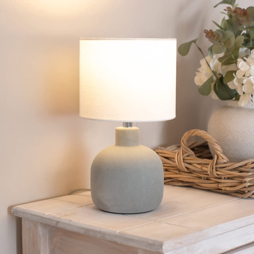 image 1 of ValueLights Chelsea Natural Linen Shade Hand Finished Sandblast Grey Ceramic Table Lamp | Grey