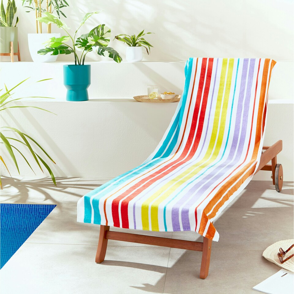 image 1 of Catherine Lansfield Rainbow Stripe Bright Beach Lounger Towel Multi