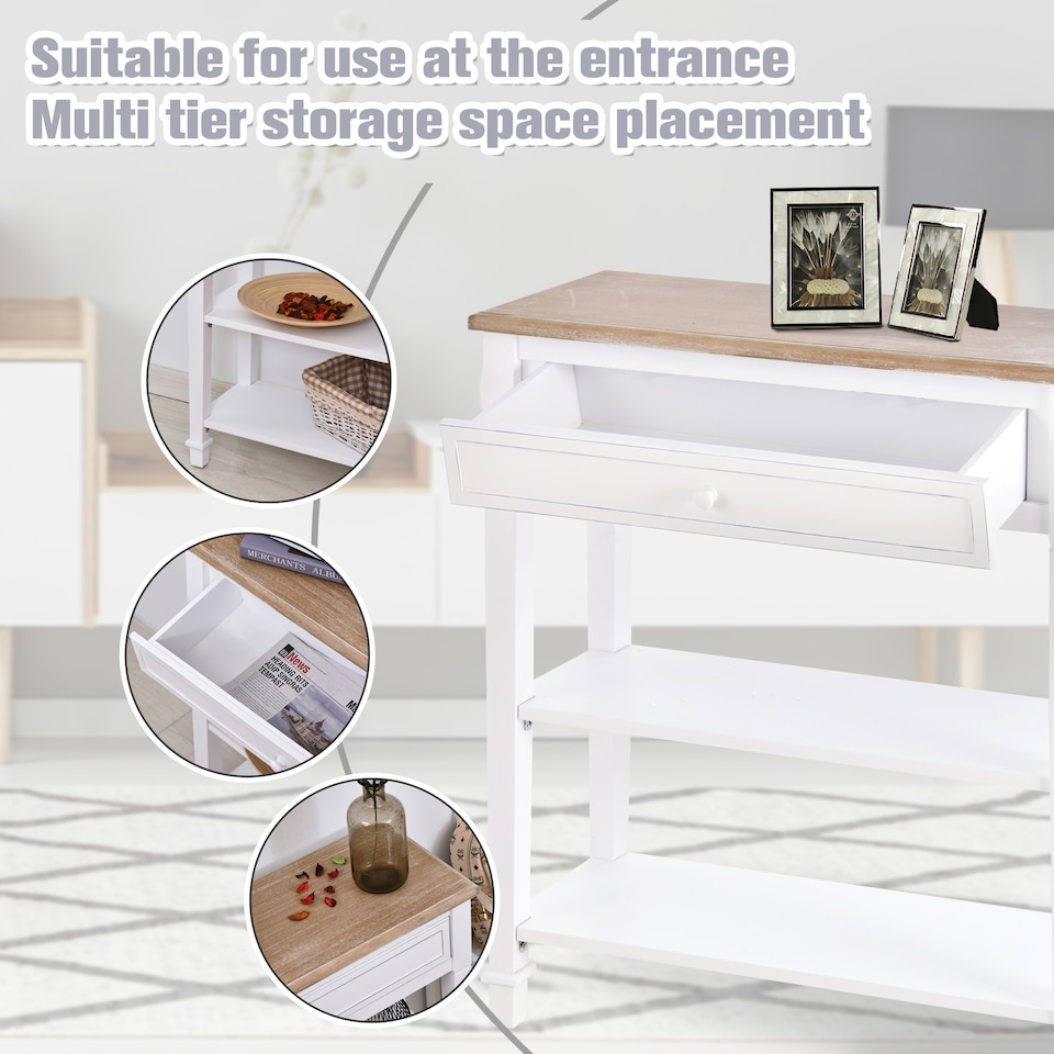 image 1 of HOMCOM 80x75cm Console Table w/ Drawer 2 Shelves Worktop Handle Retro White