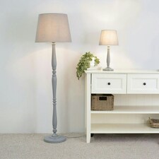 ValueLights Victoria Grey Wood Traditional Stem Floor Lamp with Grey Fabric Tapered Shade and LED Bulb