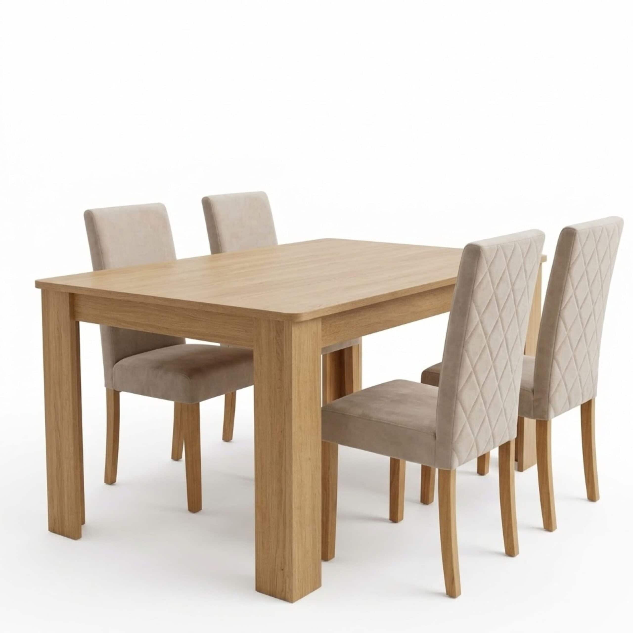 Diamond Stitch 4 Seater Dining Set with Oak Effect Table and 4 Cream Velvet Chairs with Wooden Legs