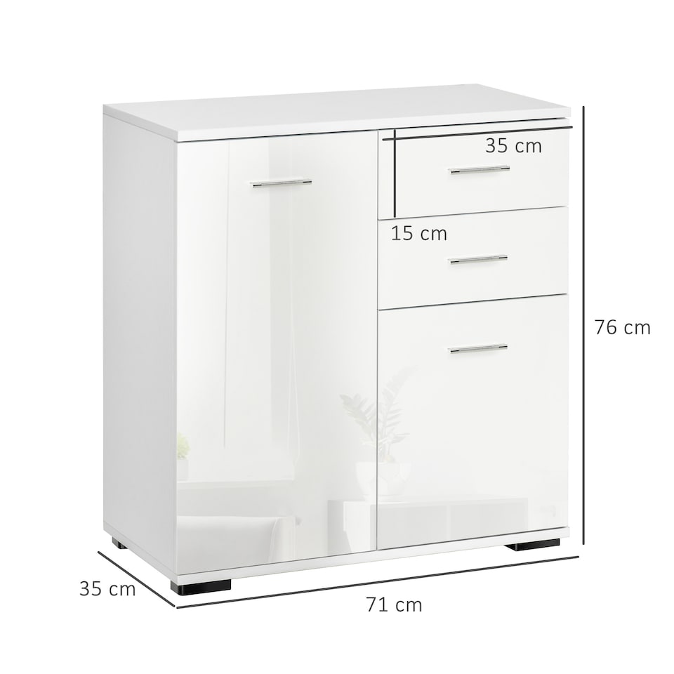 image 1 of HOMCOM Sideboard, Modern Storage Cabinet with 2 Drawers, 2 Doors and Adjustable Shelf, Kitchen Cabinet for Living Room, Dining Room, High Gloss White