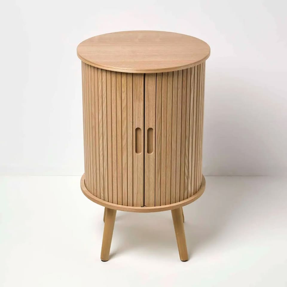 image 1 of Homescapes Modern Side Table, Round Cabinet with Sliding Tambour Doors, 65cm