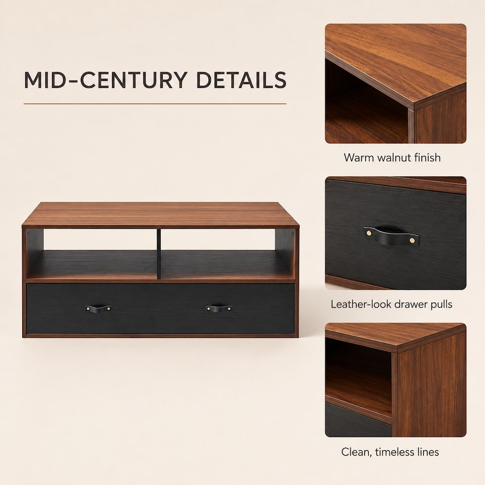 image 1 of Teamson Mid Century Coffee Table with Drawers & Open Storage Shelves