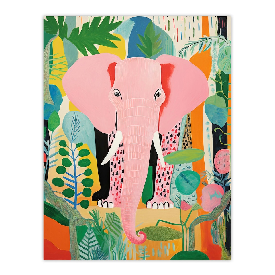 image 1 of Pink Jungle Animal Fun Multicoloured Elephant Black Framed Wall Art Print A4