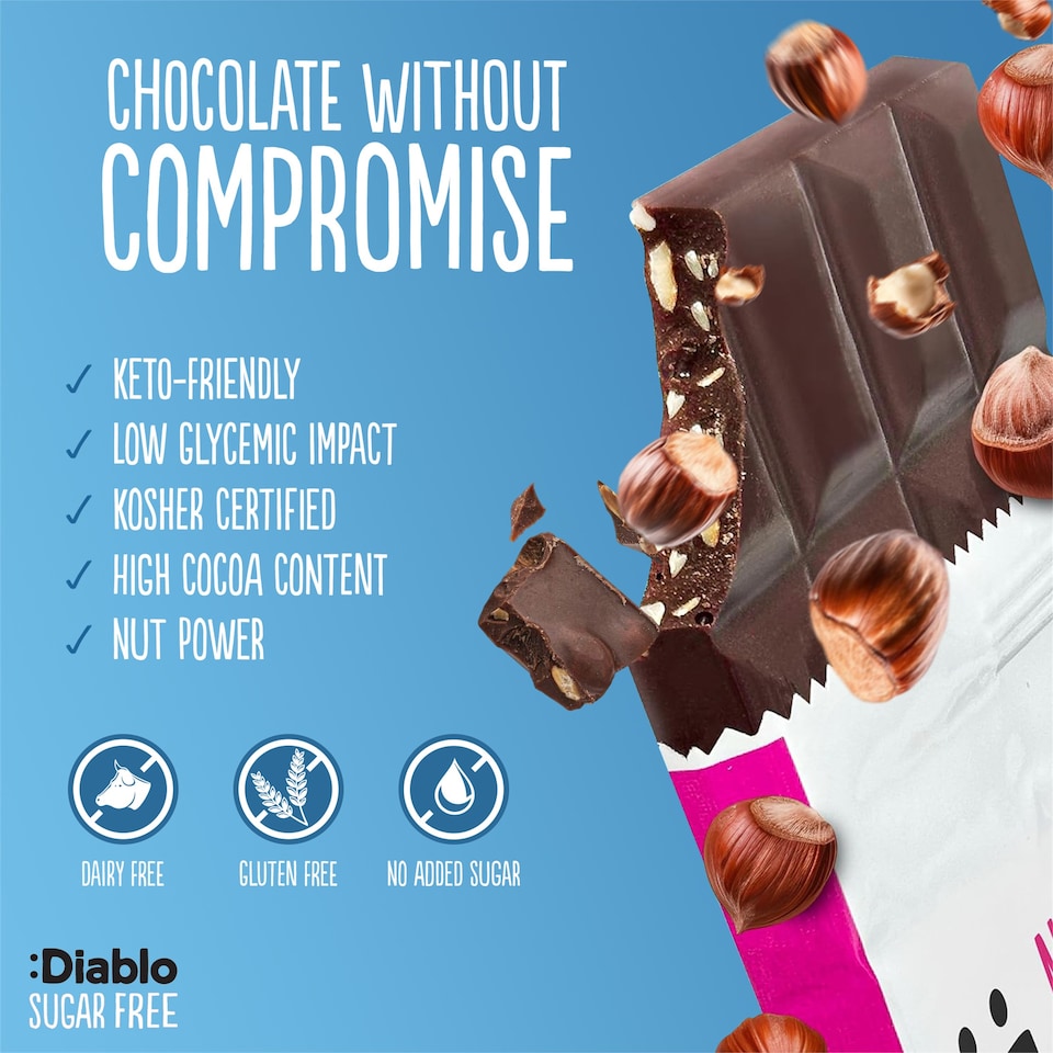 image 1 of Diablo No Added Sugar Dark Chocolate and Hazelnut Bar 85g
