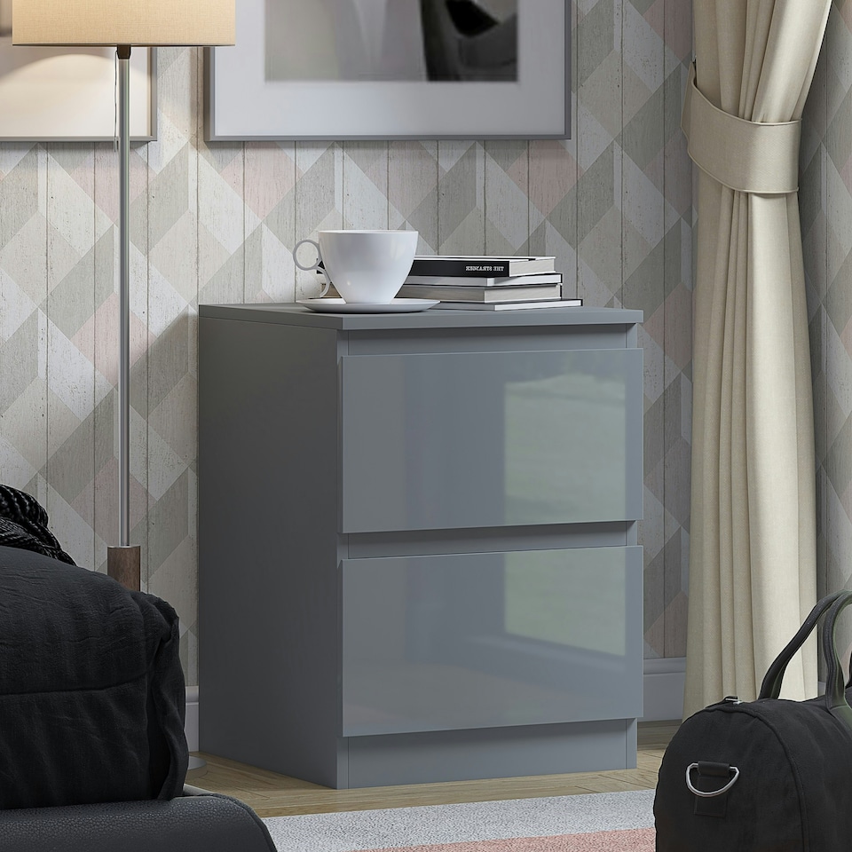 image 1 of FWStyle Stora 2 Drawer Bedside Cabinet - Grey Gloss Front