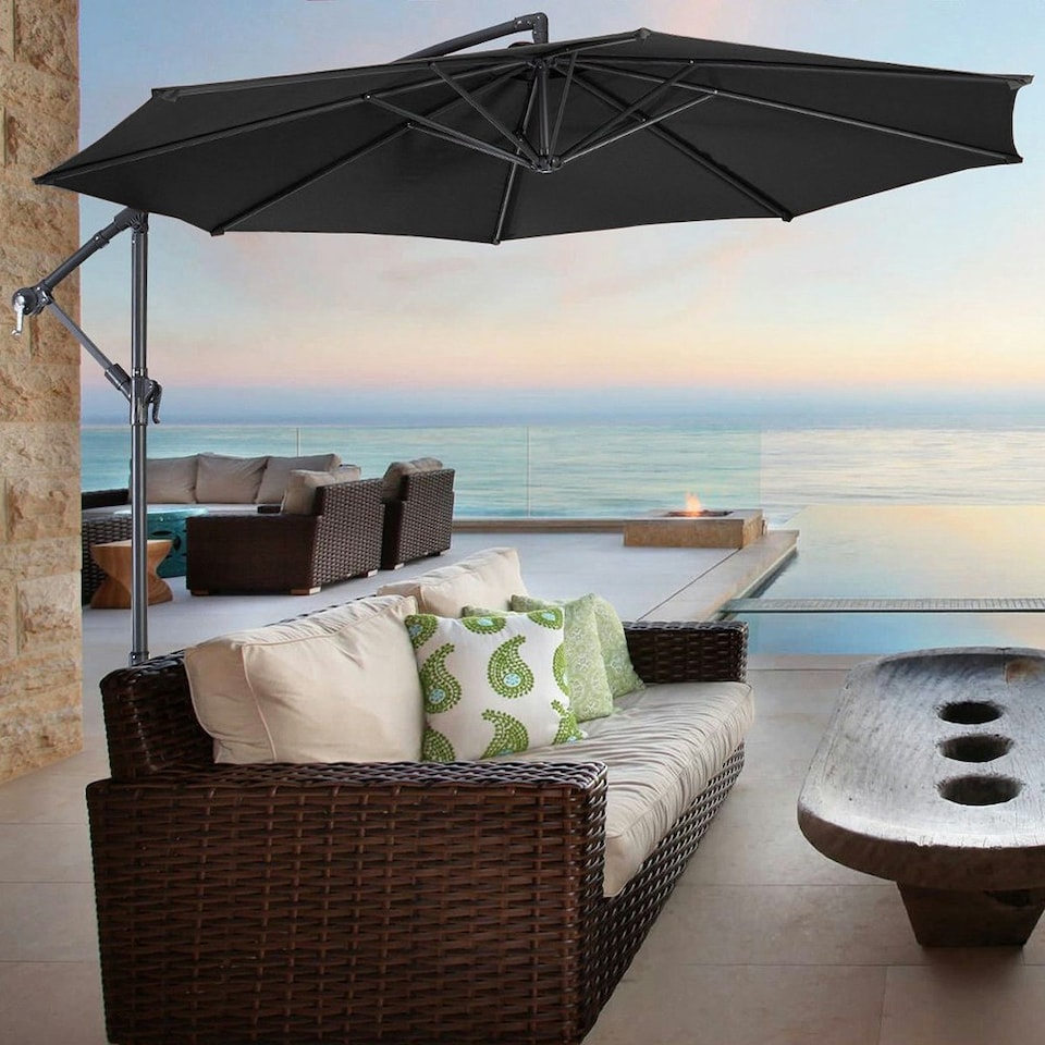image 1 of Living and Home 3M Large Banana Cantilever Patio Parasol with Base on Wheels - Black
