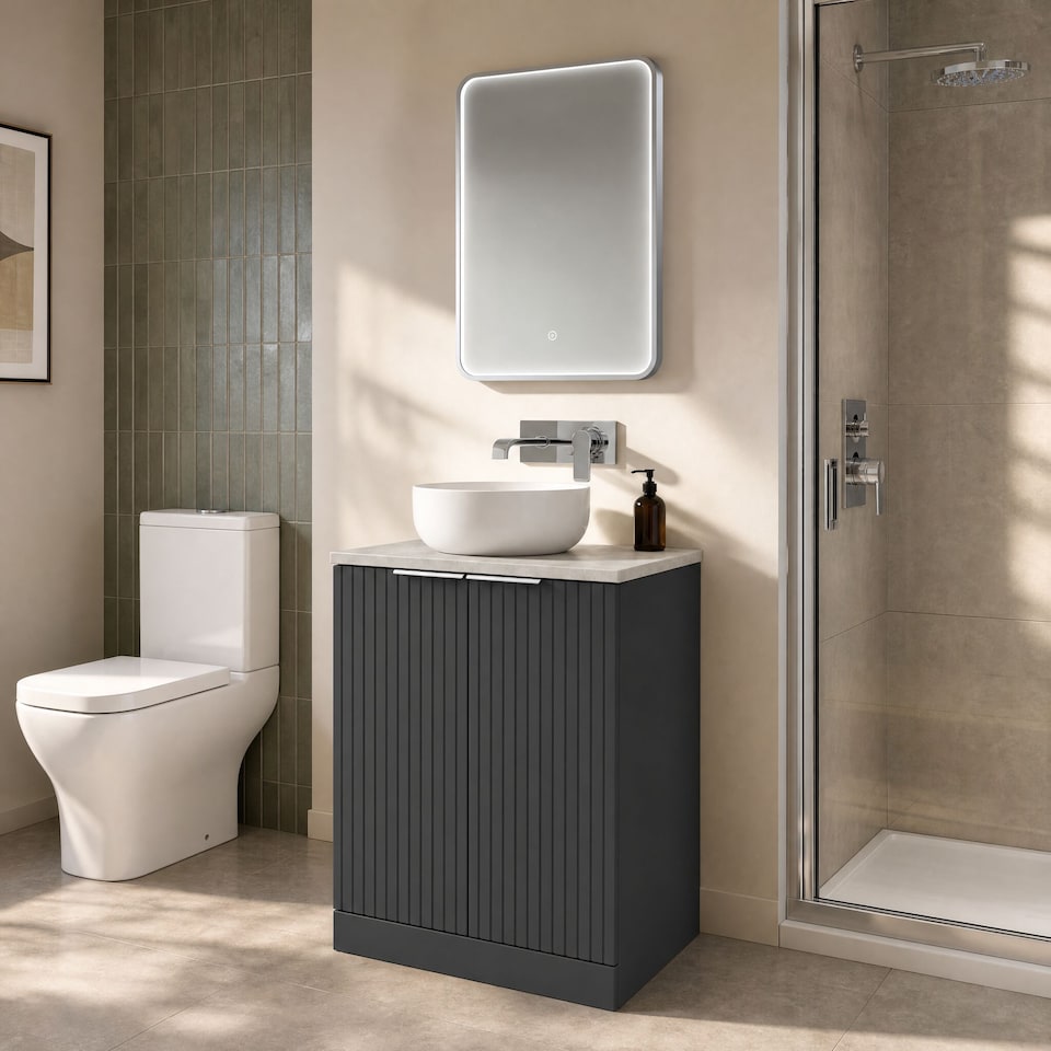 image 1 of Balterley Callingwood Contemporary Floor Standing 2 Door Vanity Unit with White Sparkle Laminate Worktop , 600mm, Dark Grey