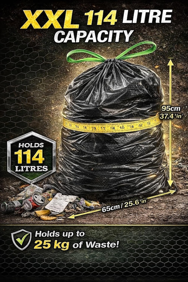 image 1 of Hero Webtech Super Strong Black Embossed Drawstring Bin Bags 114L – 28 Heavy Duty Tear-Resistant Refuse Sacks