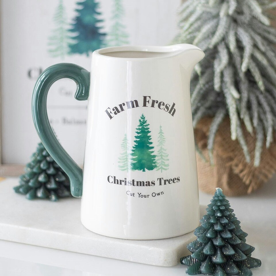 image 1 of Farm Fresh Christmas Trees Ceramic Flower Jug White