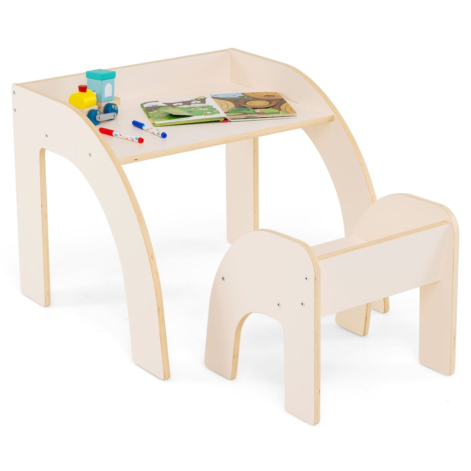 image 1 of COSTWAY Wooded Toddler Kids Desk and Chair Set White