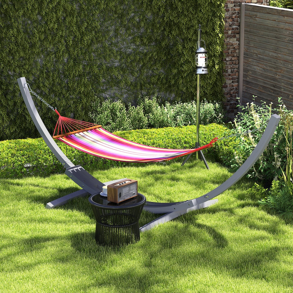 image 1 of Outsunny 3(m) Wooden Hammock Stand, 1 Person Hammock Frame with Chain and Safety Buckles, Pine Wood Arc Stand for Garden, Patio, Outdoor and Indoor, Grey | Grey | Grey