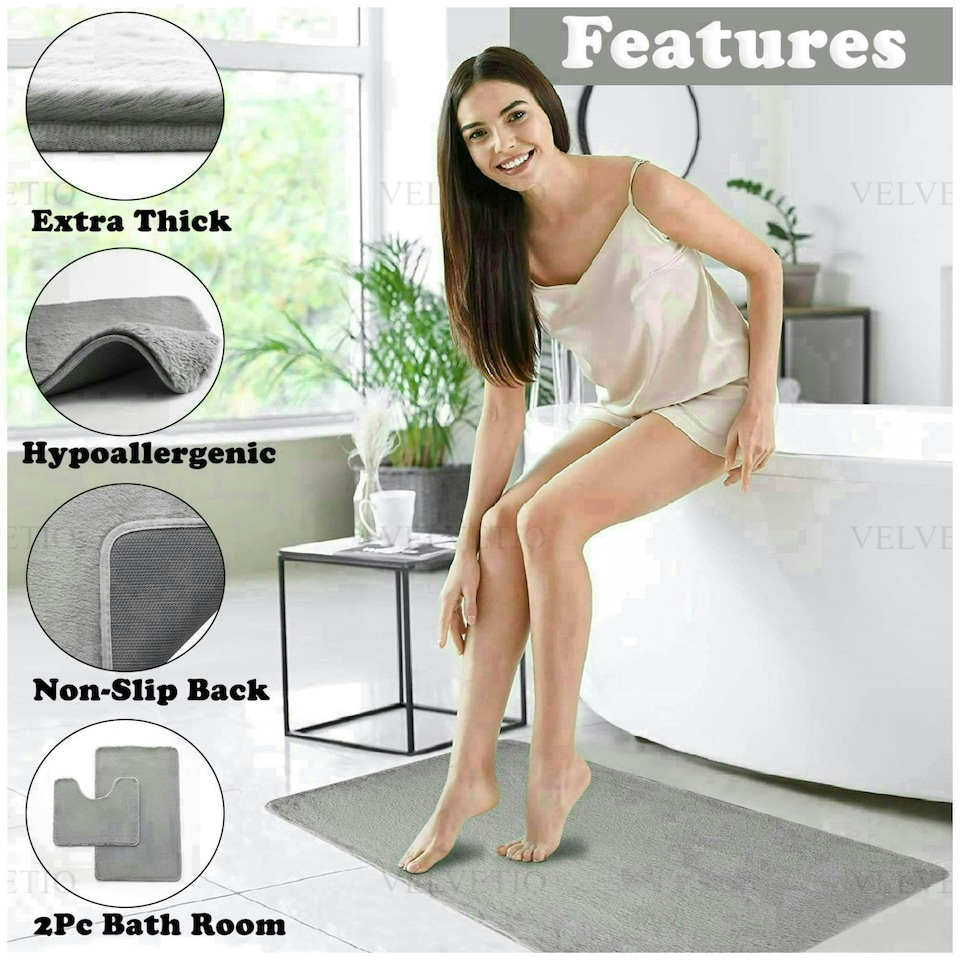 image 1 of VELVETIO Faux Fur Bath Mat Set Shaggy Super Soft Plush Anti Slip PVC Back Grey