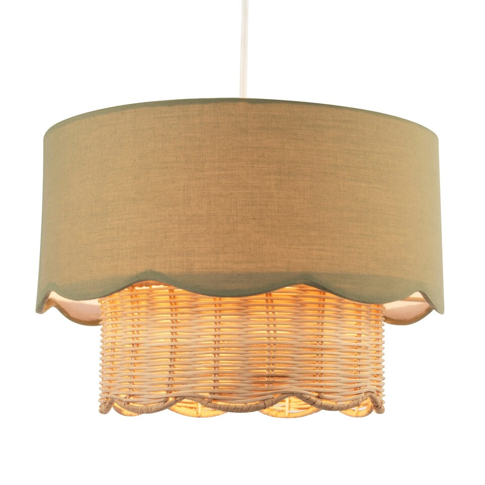 image 1 of Dark Olive Linen Fabric and Natural Rattan Scallop Pendant Lamp Shade Green