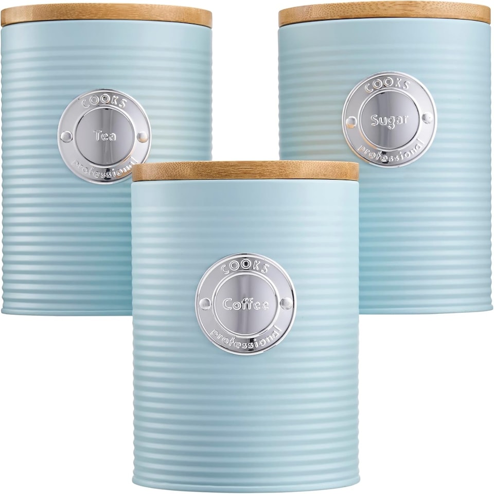 image 1 of Cooks Professional 3 Piece Ribbed Tea, Coffee, & Sugar Cannisters with Bamboo Lids | Blue | Blue & Silver