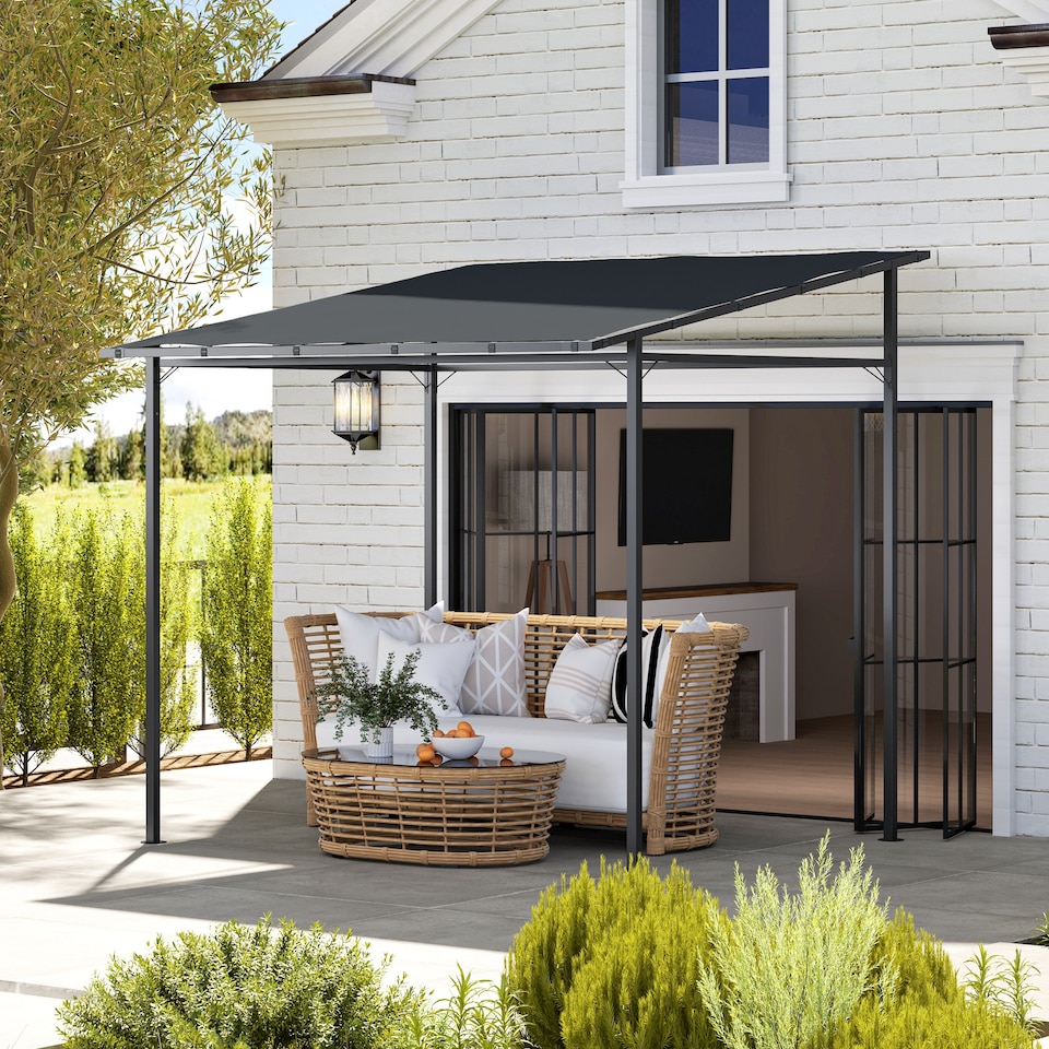 image 1 of Outsunny Wall Mounted Pergola Gazebo with PA Coating Fabric and Metal Frame, Lean to Garden Gazebo, Wind Resistant Outdoor Sun Shade Shelter for Garden, Deck | Grey | Dark Grey | 238L x 238W x 235H cm