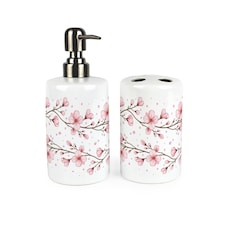 Cherry Blossoms Bathroom Set - Refillable Ceramic Soap Dispenser & Toothbrush Holder