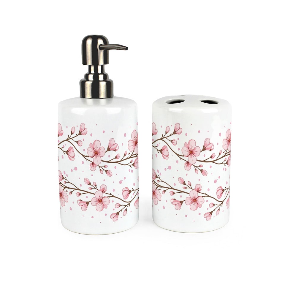 image 1 of Cherry Blossoms Bathroom Set - Refillable Ceramic Soap Dispenser & Toothbrush Holder