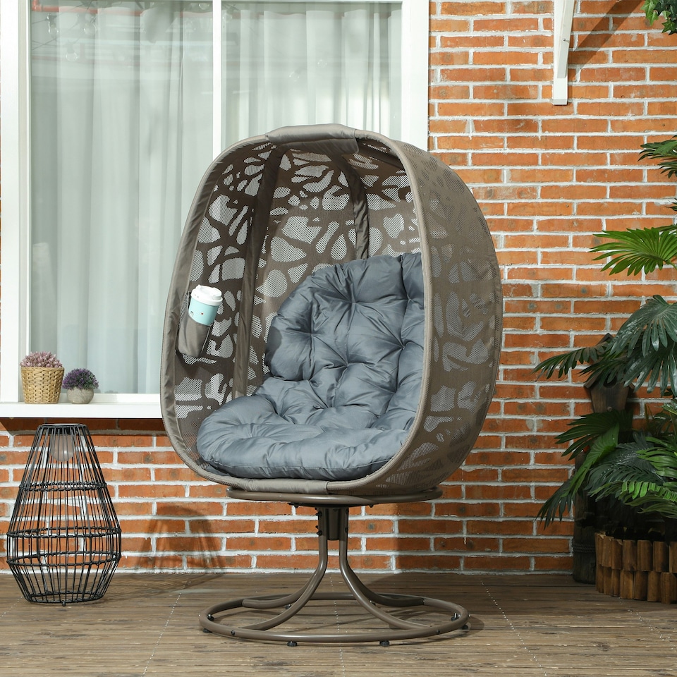 image 1 of Outsunny Swivel Egg Chair with Cushions, Foldable Basket Seat and Metal Frame, Indoor Outdoor Lounge Chair for Balcony, Patio and Living Room, Grey | Grey | Grey