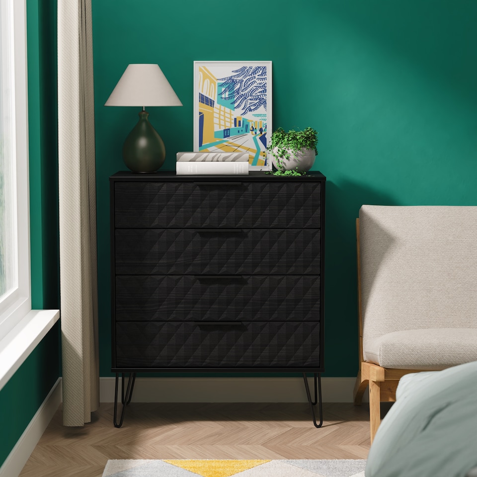 image 1 of Islay 4 Drawer Chest of Drawers in Black Ash (Ready Assembled) | Black | Black Ash