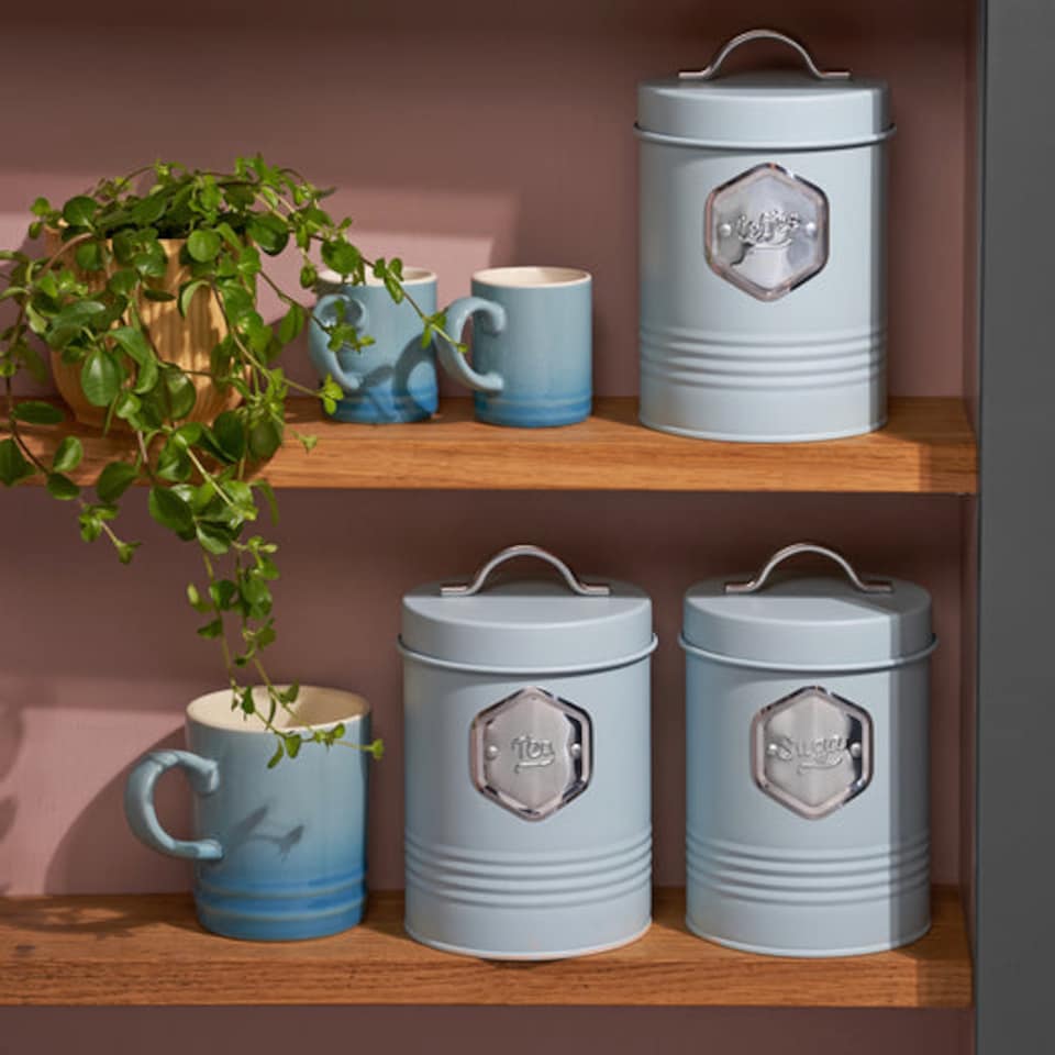 image 1 of Cooks Professional 3 Piece Kitchen Storage Set – Tea, Coffee & Sugar Cannisters | Blue | Blue & Silver