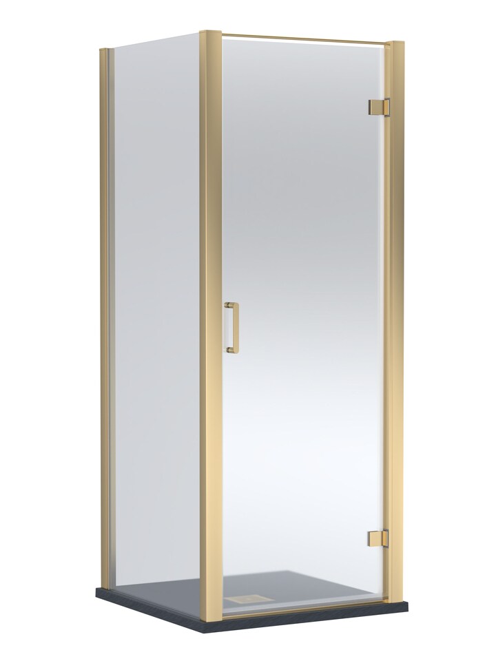 image 1 of Balterley Hinged Shower Door with Glass, Side Panel & Slimline Shower Tray | Copper | Brushed Brass