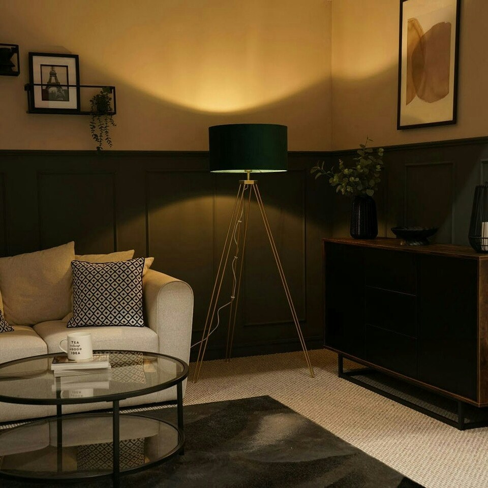 image 1 of ValueLights Aero Polished Gold Floor Lamp with Large Green Drum Shade
