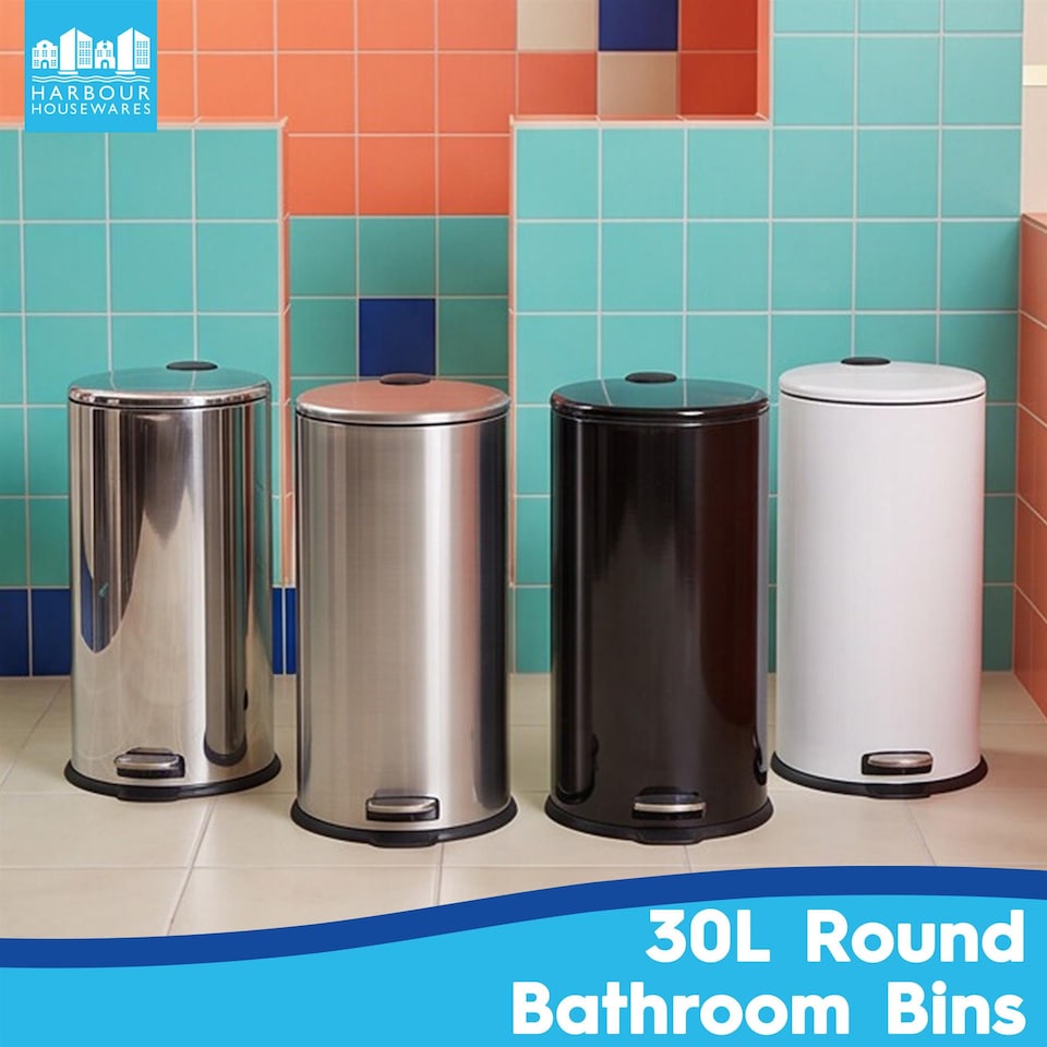 image 1 of Harbour Housewares 30L Stainless Steel Kitchen Pedal Bin with Lid Chrome Foot Pedal Removable Inner Bucket Slim Tall 31x36x63cm