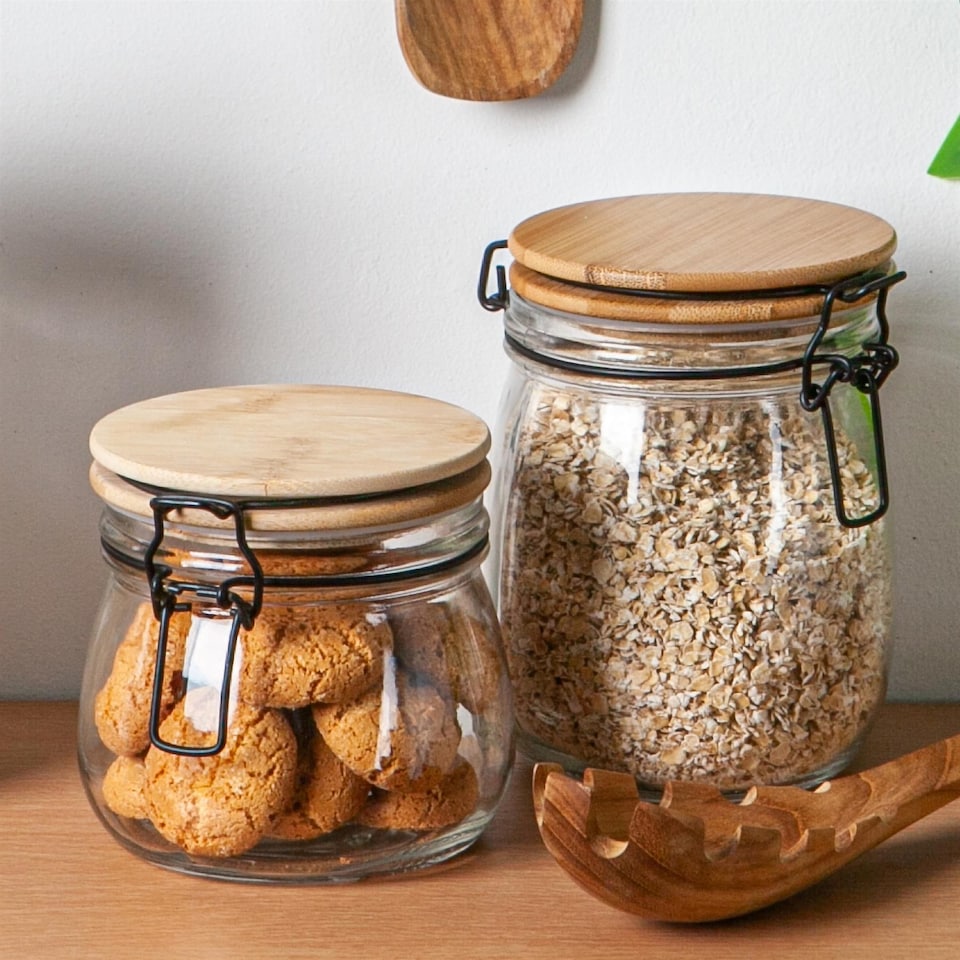 image 1 of Argon Tableware Glass Storage Jar - Wooden Clip Lid - 750ml - Airtight Kitchen Container Round Preserving Jar with Clear Seal